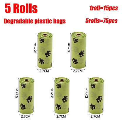Five rolls of degradable plastic bags with dimensions and quantity information on a white background.
